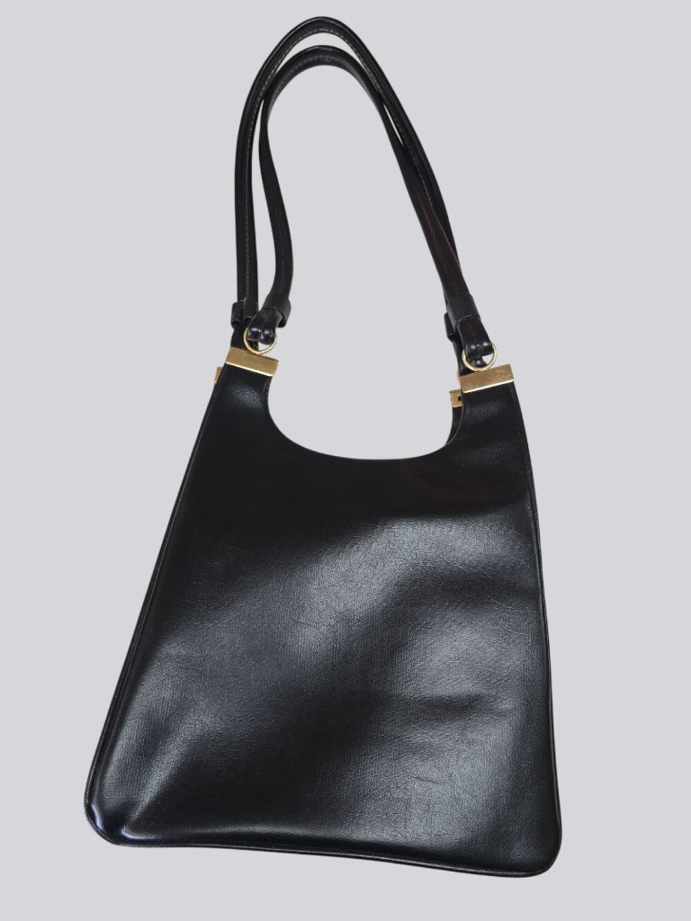 Vintage Black Leather Shoulder Bag Gold Accents & Dual Straps - Picture 3 of 15